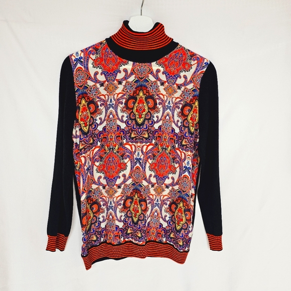 Yuka Boho Turtleneck Colorful Orange Paisley Floral Printed Front Sweater - Picture 1 of 6